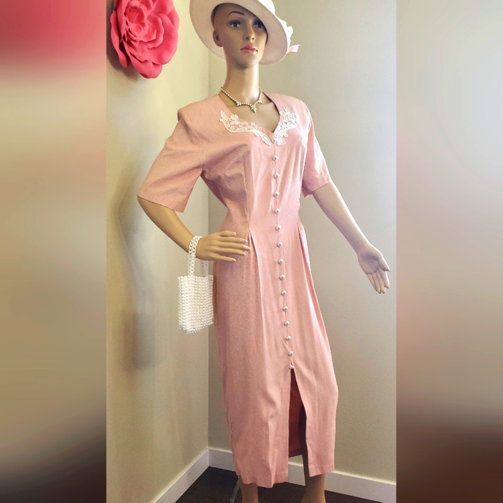 Vintage 1980s Secretary Dress by Beechers Brook Pink White Floral Applique Maxi